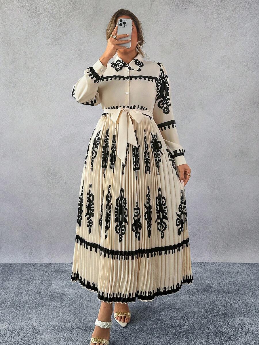 SHEIN Franclia 大码长袖印花束腰前系带休闲连衣裙 - 彩色 - 查看 1