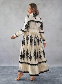 SHEIN Franclia 大码长袖印花束腰前系带休闲连衣裙 - 彩色 - 查看 2