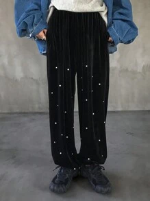 FRIFUL Women's Casual Elastic Waist Faux Pearl Decor Loose Flannelette Ankle Tied Sweatpants