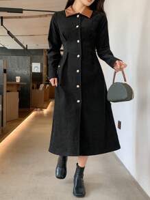 DAZY 女士秋季长袖拼布中长连衣裙，秋季女装 - 黑色 - 查看 9