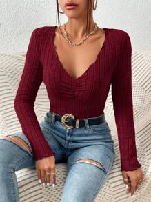SHEIN Essnce Women's Casual V-Neck Fitted Long Sleeve T-Shirt, For Autumn - Burgundy - View 1