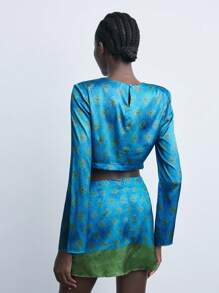 Maija 女士时尚现代都市派对及休闲假日人造丝编织艺术印花上衣，蓝色，秋冬 - 彩色 - 查看 5