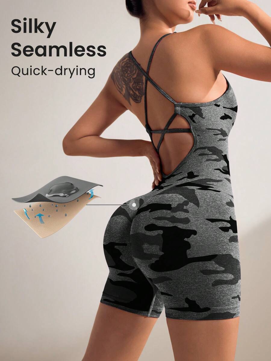 Easithlete 1 bộ đồ liền thân hở lưng in hoa co giãn dành cho nữ dùng khi tập yoga thể thao, mùa hè - màu đen - Xem 1