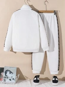 SHEIN Leap Crew 2 件套青少年男孩休闲拼布几何字母印花立领宽松拉链前连帽衫和宽松裤针织运动服套装，适合上学、日常、度假、运动、秋冬 - 彩色 - 查看 6