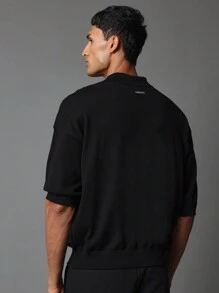 SUMWON Regular Fit Half Zip Polo Knit Top - Black - View 2