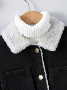 SHEIN Tween 女童纯色水洗羊毛内衬翻领牛仔外套，长袖保暖休闲牛仔夹克，儿童冬季返校服装