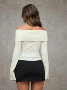 SHEIN BAE 女士休闲纯色翻领露肩链条细节喇叭袖修身套头衫冬季女装女士毛衣圣诞毛衣感恩节女士服装圣诞女装感恩节毛衣圣诞上衣冬季上衣