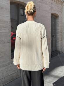 RueChic Women Knitwear Oversize Cardigan With Contrast Binding - Beige - View 2