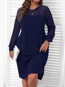 EMERY ROSE Plus Size Women's Solid Color Round Neck Contrast Lace Long Sleeve Straight Elegant Fall Dress