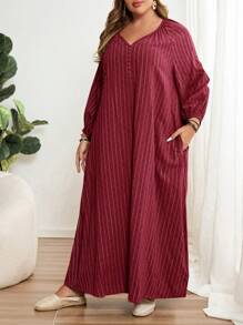 EMERY ROSE Plus Size Women Striped Print Casual Long Sleeve Fall Dress