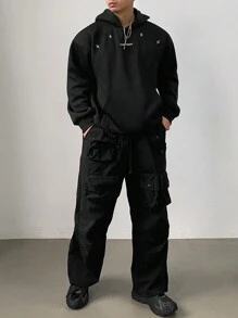 DAZY Men's Letter & Star Pattern Hoodie Sweatshirt, Autumn - Black - View 9