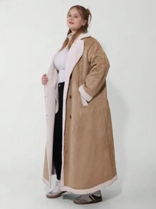 SHEIN CURVE+ Áo khoác nữ Curve Plus kẻ caro màu nâu cổ bẻ cài hai hàng khuy, dành cho mùa đông - Màu Khaki - Xem 3