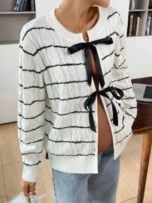 SHEIN Jersey de punto para maternidad, suéter de mujer de manga larga con cuello redondo, parches, moño y rayas para otoño e invierno