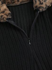 Sweetra 女士长裙，豹纹拼布兔毛针织复古优雅高端修身经典黑领连衣裙，秋冬长款女装 - 黑色 - 查看 3