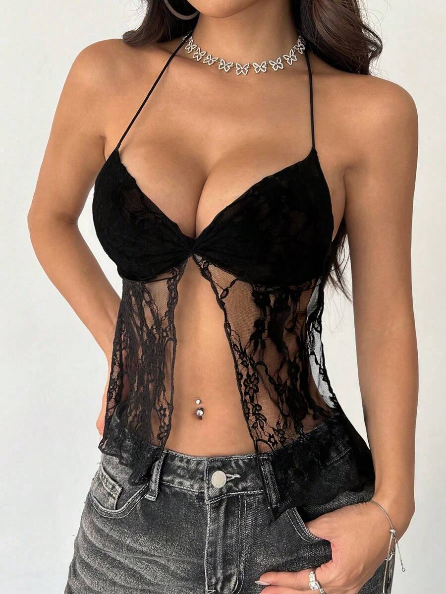 EgrlEra Ladies' Plain Lace Open Back Halter Neck Top Y2K Outfit  - Black - View 1