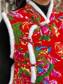 SHEIN LUNE 大码女式花卉图案毛绒拼布填充背心羽绒夹克，冬季服装 - 紅色 - 查看 6