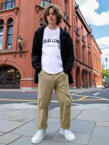 3pcs Set Teen Boys Casual Solid Hoodie, Letter Print T-Shirt, And Solid Color Cargo Pants - Multicolor - View 9