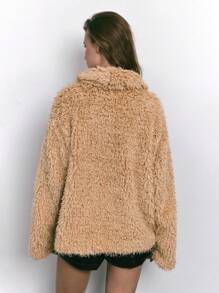 Maija Women's Brown Fuzzy Warm Faux Leather Patchwork Turndown Collar Loose Casual Teddy Fleece Jacket, Winter - Khaki - View 4