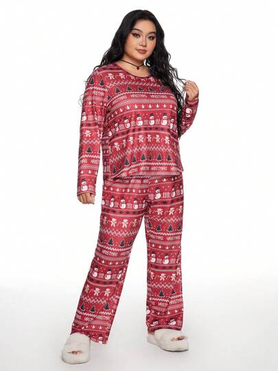 Plus Size Christmas Snowman & Gingerbread Man Snowflake Print Warm Comfortable Casual Long Sleeve Sleepwear Set For Winter