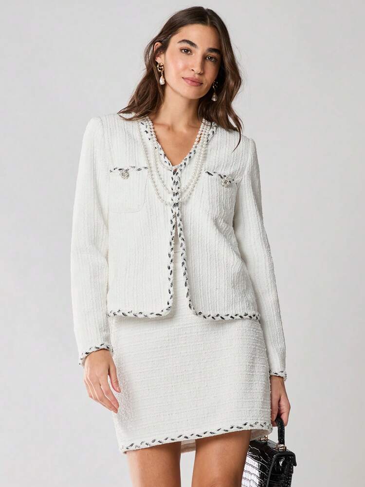 Autumn/Winter Romantic Women's White Elegant Exquisite Pearl Decor Office Wear Long Sleeve Tweed Jacket, Fall Women Clothes
