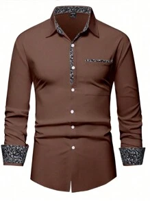 Manfinity Mode Áo sơ mi dài tay có túi họa tiết hoa văn du lịch dành cho nam, mùa xuân/thu - Cà phê nâu - Xem 5