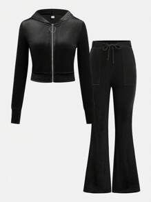 SHEIN Leap Crew 2 件套青少年女孩纯色天鹅绒连帽开衫和喇叭裤休闲装