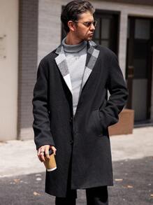 Manfinity VCAY Manfinity Modomio Slim Fit Men's Woven Patchwork Turndown Collar Long Sleeve Wool Blend Jacket, Suitable For Autumn Trench Men Coat - Black - View 5