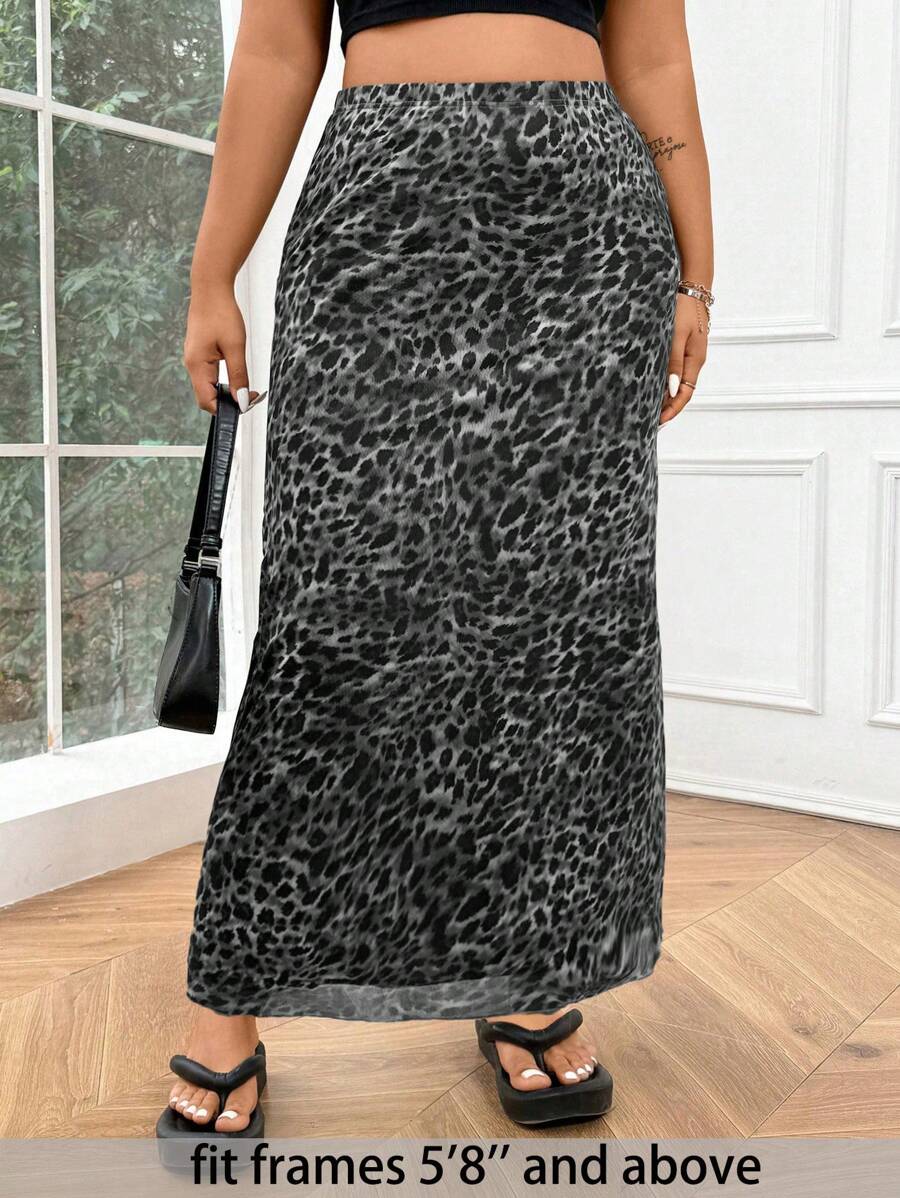 SHEIN Tall CURVE Plus Size Autumn Fashionable Leopard Print Fitted Long Skirt - Grey - View 1