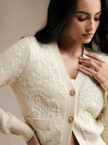 Anewsta 优雅 V 领花卉提花长袖圣诞开衫毛衣（女款）