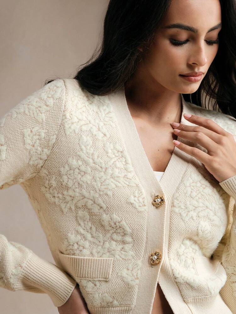 Anewsta Elegant V-Neck Floral Jacquard Long Sleeve Christmas Cardigan Sweater, Women Floral Blouse