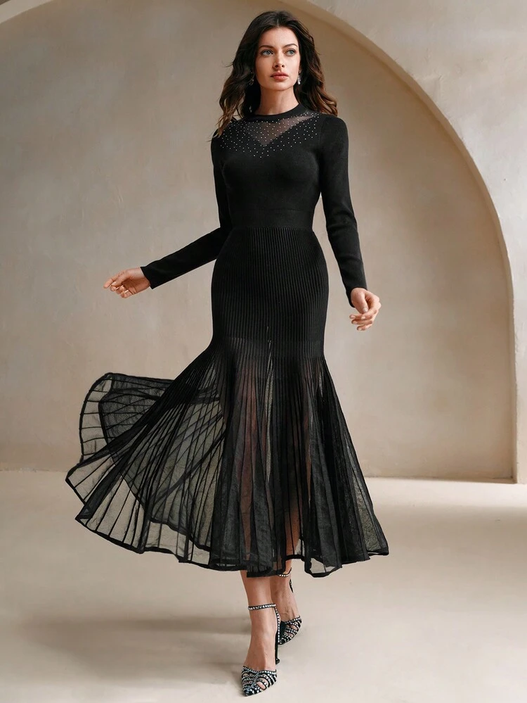 Women's Casual Plain Color Rhinestone Pleated Hem Sweater Dress, Autumn/Winter