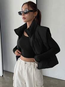 DAZY 女士纯色简约日常装无袖棉服外套，冬季女装，棉服女式夹克 - 黑色 - 查看 11