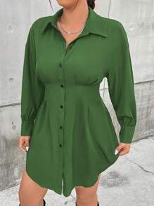 Calvaya Plus Size Women Solid Color Long Sleeve Single-Breasted Cinched Waist Casual Shirt, Autumn - Army Green - View 5