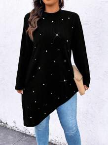 Plus Size Women Crew Neck Long Sleeve Asymmetrical Hem Tee With Faux Pearl Decor, Casual For Autumn For Spring - Black - View 3