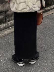 FRIFUL Women's Solid Color Long Straight Casual Knit Skirt - Black - View 6