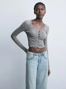 Maija 新款秋冬优雅灰色长袖女式针织网眼 V 领上衣，时尚派对和休闲日常穿着 - 灰色 - 查看 8