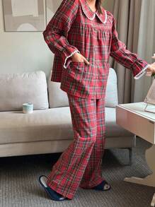 DAZY Cute Christmas Plaid Peter Pan Collar Ruffle Splicing Pajama Set, Fall Winter Clothes