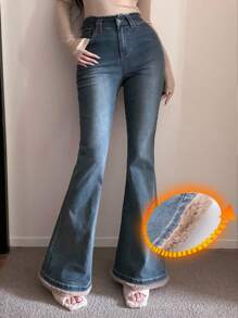 DAZY Plush Patchwork Flared Jeans For Women Fall,Winter - Blue - View 1