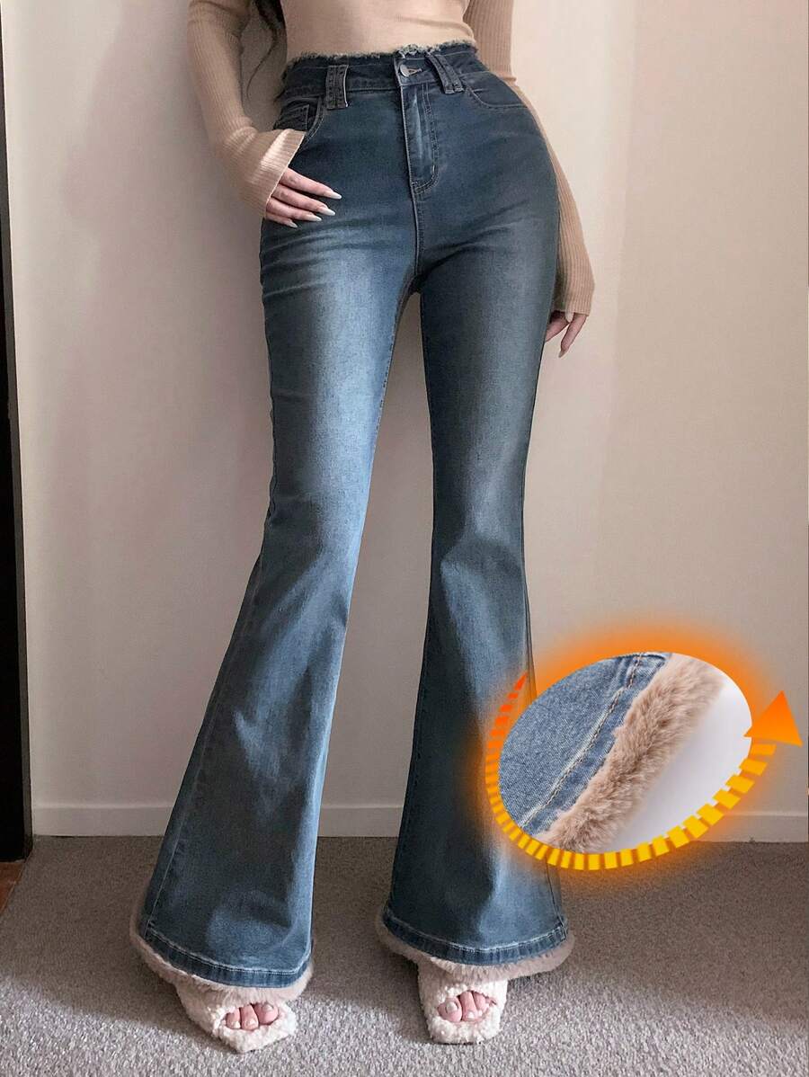 DAZY Plush Patchwork Flared Jeans For Women Fall,Winter - Blue - View 1