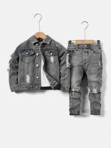 SHEIN 男童两件套时尚休闲Gary镂空磨边牛仔长袖夹克和弹力镂空磨边设计紧身牛仔裤，适合日常穿着和男童秋季服装 - 灰色 - 查看 1