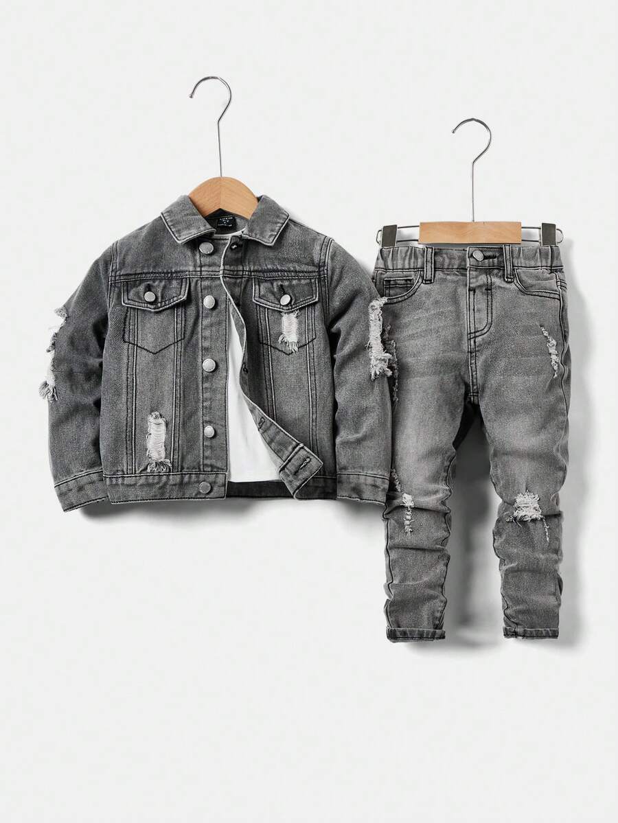 SHEIN 男童两件套时尚休闲Gary镂空磨边牛仔长袖夹克和弹力镂空磨边设计紧身牛仔裤，适合日常穿着和男童秋季服装 - 灰色 - 查看 1