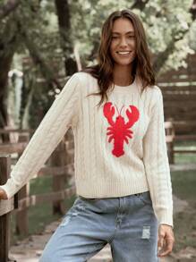 LanaWest 女士休闲小龙虾图案圆领长袖粗针织毛衣 - 杏色 - 查看 7