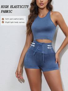 Women Shapewear Set,Seamless Denim Effect Soft Comfortable Camisole & High-Elastic Shaping Shorts,Skin-Friendly Summer Gym Outfits For Women,2pcs - Blue - View 1