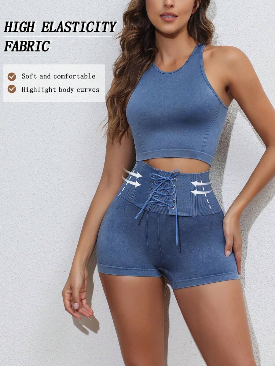Women Shapewear Set,Seamless Denim Effect Soft Comfortable Camisole & High-Elastic Shaping Shorts,Skin-Friendly Summer Gym Outfits For Women,2pcs - Blue - View 1