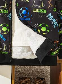 Chaqueta deportiva informal con patrón de fútbol fluorescente para niño preadolescente, adecuada para ir y venir, escuela, uso diario casual, deportes, temporada de otoño/invierno - Negro - Ver 8