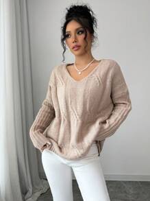 Chiquease Áo len cổ chữ V vai rớt dáng rộng, màu trơn, thích hợp mặc mùa thu đông. - Màu Khaki - Xem 1