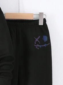 4 岁至 7 岁男孩冬季服装：圆领长袖运动衫 + 松紧腰裤，黑色，带彩色笑脸设计 - 黑色 - 查看 3