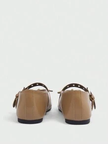 Sugerpunk Zapatos planos casuales de mujer con punta redonda, lazo de remaches y cómodos, nuevos para Año Nuevo, Día de San Valentín - Caqui - Ver 4