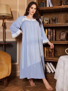 PalaceNights Plus Size Satin Ribbon Trim Square Neck Nightgown, Moo Moo Sleep Dress, Fall, Winter - Blue - View 5
