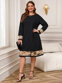 EMERY ROSE Plus Size Elegant Black And Gold Christmas Dress Women,Autumn Dinner Patchwork Embroidery Mesh Cuff Straight Loose Winter Clothes For Women - Black - View 5